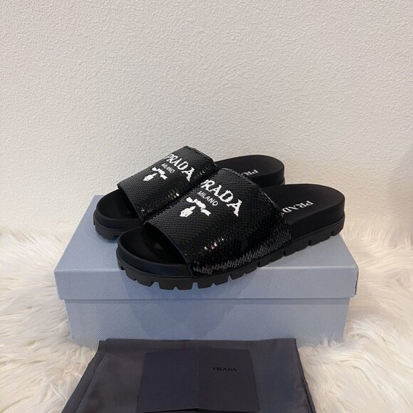 Prada Sequin Logo Paillettes Slide Monolith Plaque Lug Pool Flat 40 - Picture 3 of 10
